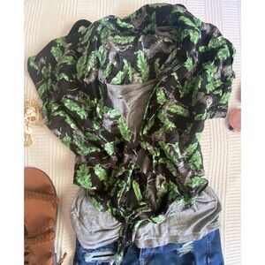 black zebra & jungle print collared button knot crop summer top S NWOT coverup